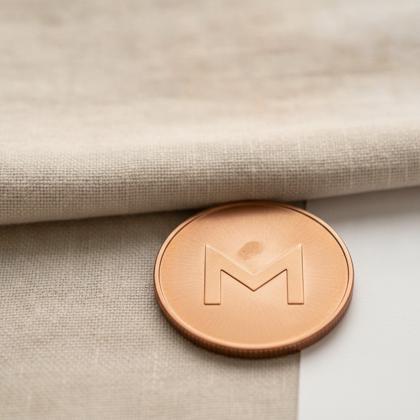 A single Monero coin resting on a fold of pale linen cloth