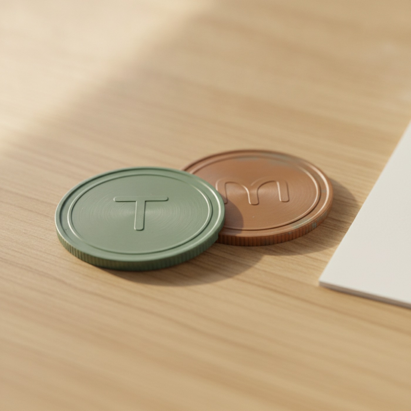 A Tether coin and a Monero coin resting on an oak tabletop in side light